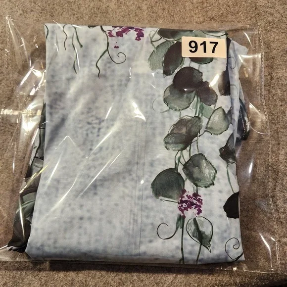 Floral Vine Print Shirt Womens Large Blue‎ Green Short Sleeve Flowy Blouse Top - Picture 8 of 8